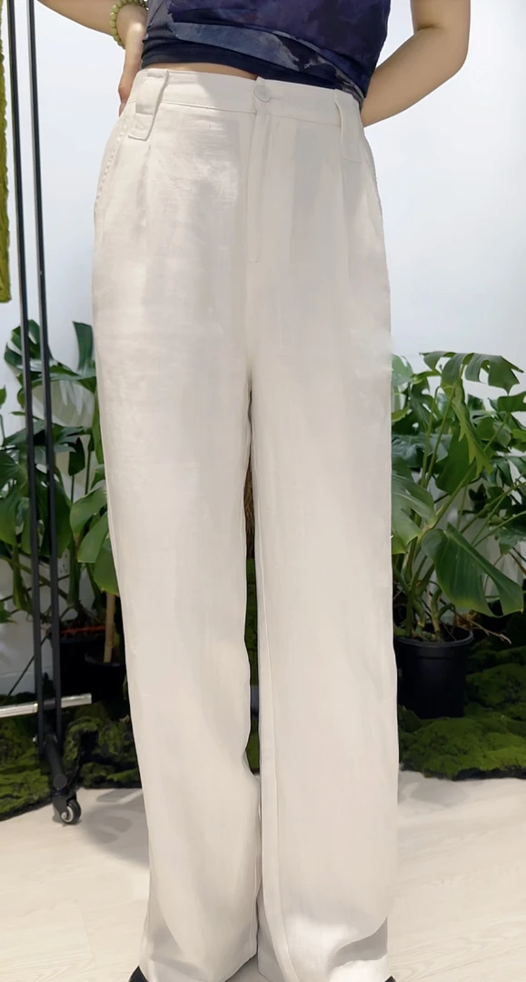 夏季人字纹微弹力透气老钱风长裤阔腿裤高腰直筒裤