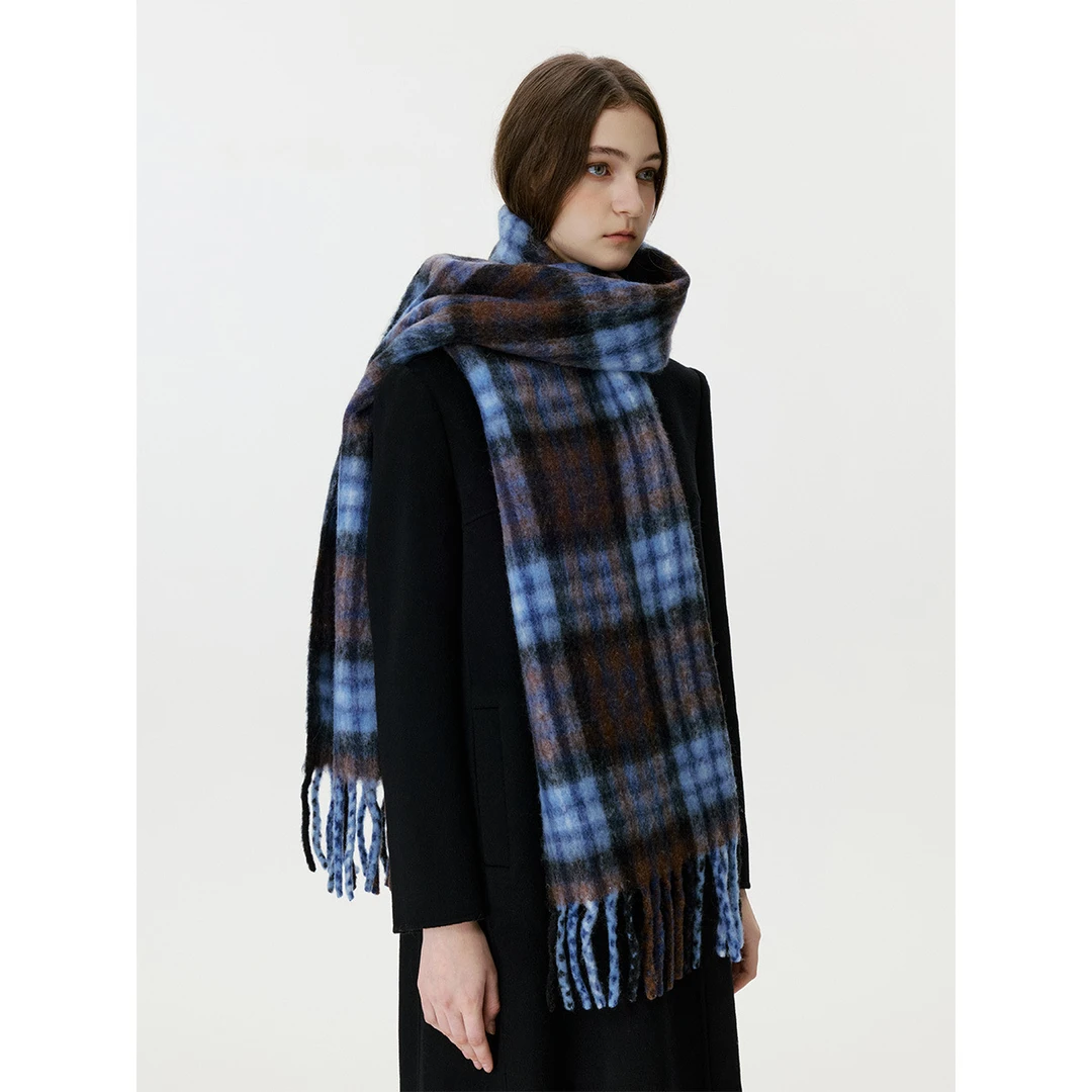 高品质蓝棕格长款韩版围巾冬日手感敲舒服围脖男女秋冬季保暖披肩