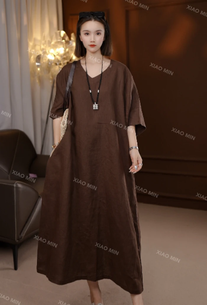 100%雨露亚麻夏季新款欧韩时尚小V领后开叉纯亚麻连衣裙女2515