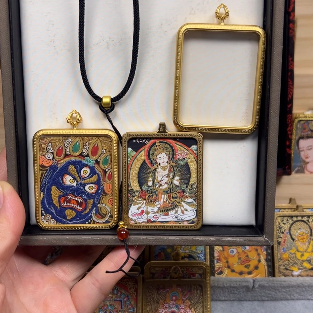 吊坠王*珩黑财神普贤菩萨双面铜壳唐卡