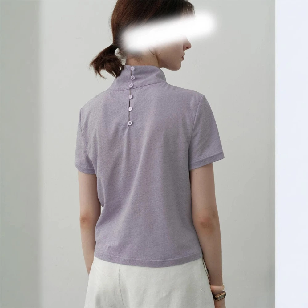 【简知】2025夏季新款上衣前后两穿半高领纽扣短袖T恤女 356