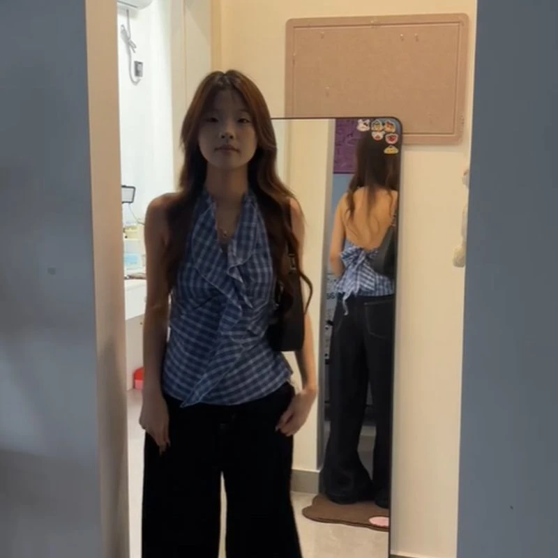 复古蓝色格纹v领挂脖背心女夏季外穿荷叶边设计无袖露背辣妹上衣