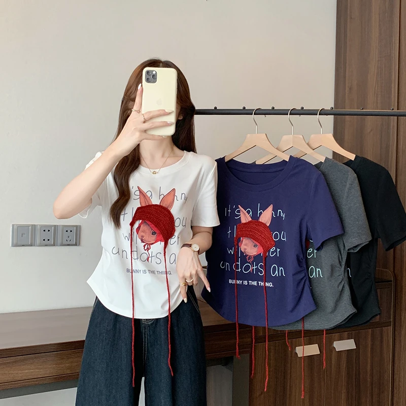 2025夏装新款胖mm大码女印花字母卡通立体显瘦百搭针织短袖T恤