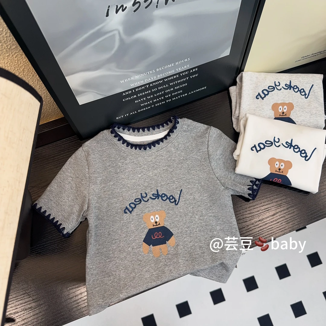 【芸豆家】刺绣钩花儿童短袖T恤夏装2025新款宽松韩版卡通上衣