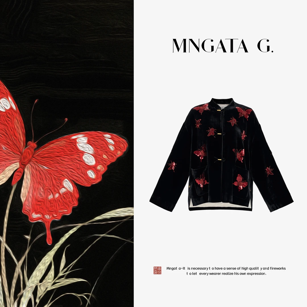 MNGATA G.宫小妍【真丝·红蝶】真丝丝绒新中式国风百搭外套5061673
