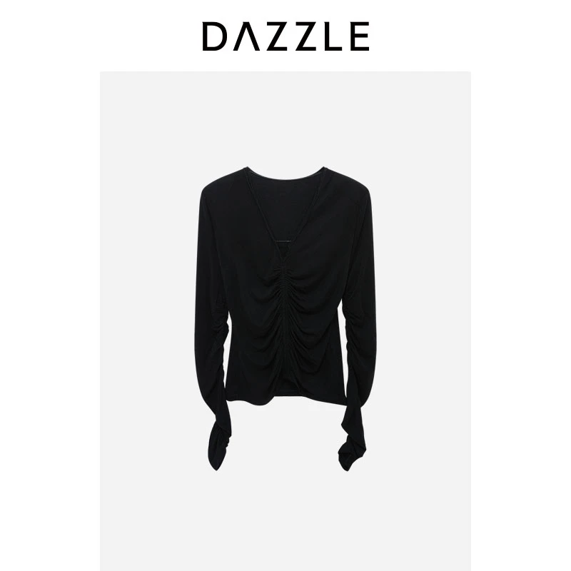 DAZZLE 地素小上衣黑色进口羊绒抽皱针织上衣2H1D566
