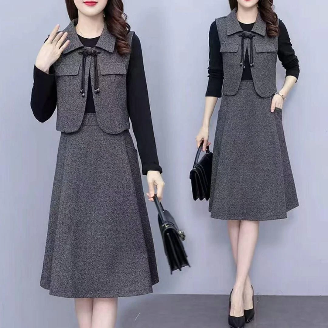 2025秋新款洋气时尚马甲连衣裙套装女减龄收腰显瘦上衣裙子两件套