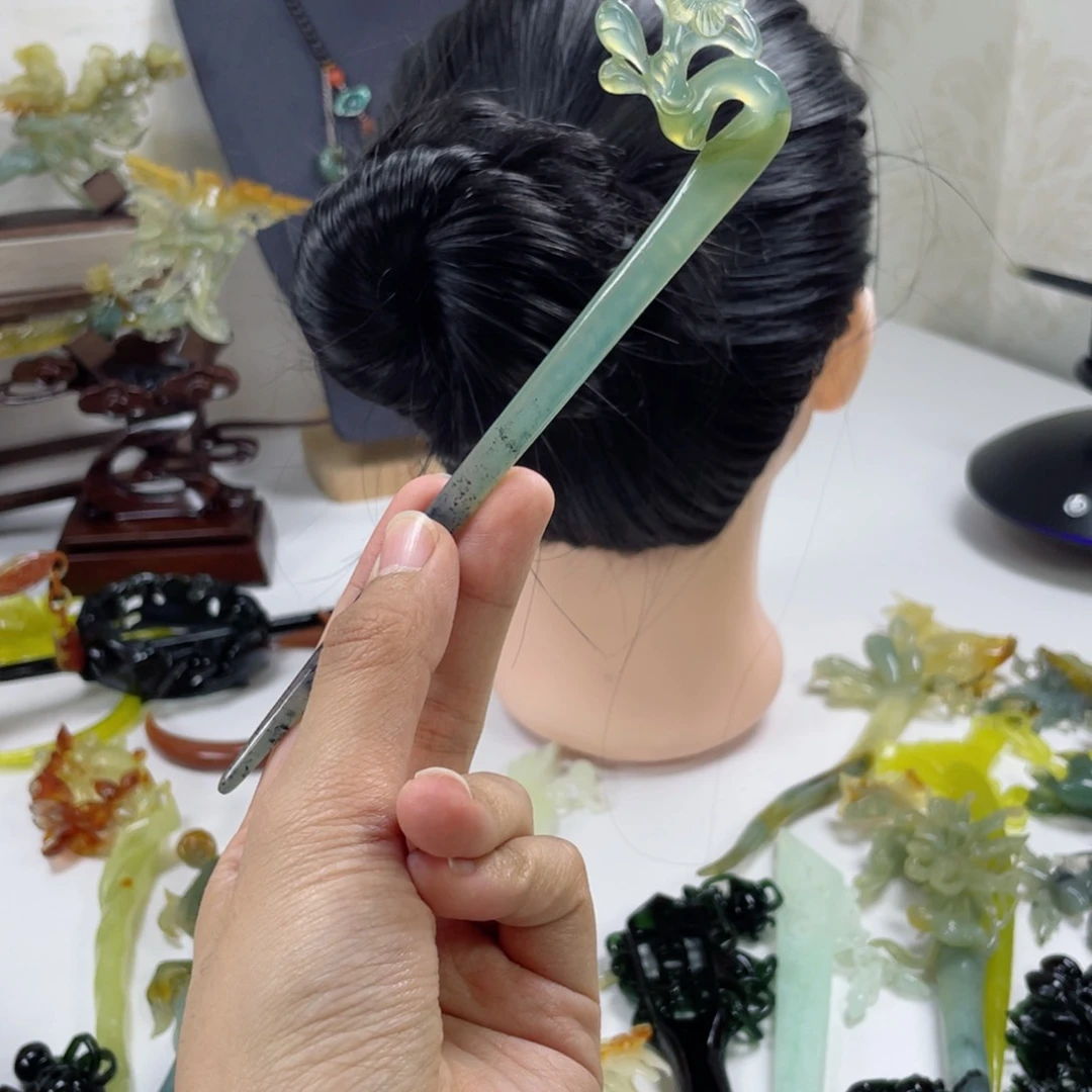 岫玉发饰未镶嵌草****^岫玉梅花发簪