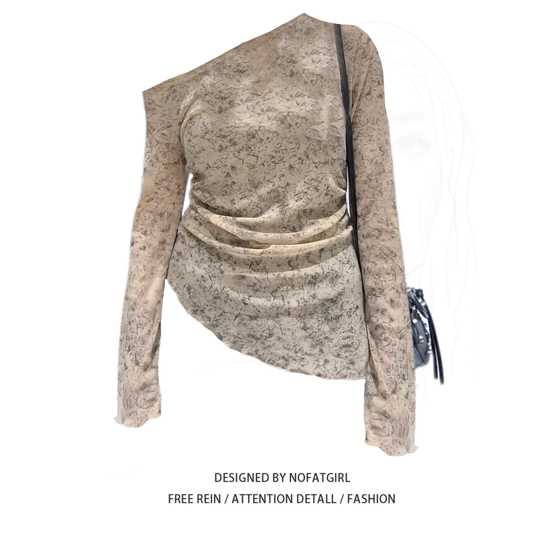 大码胖MM韩系慵懒风斜肩长袖T恤女早秋新款设计感小众别致上衣潮