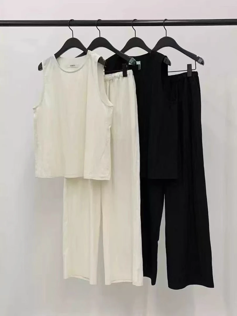 现韩国东大门object女2025夏季简约无袖背心+直筒休闲裤套装