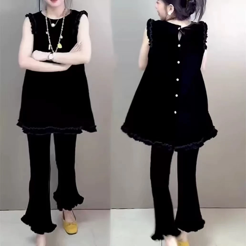 欧货2025夏季新款黑色丝绒无袖背心女宽松显瘦中长款后纽上衣3392