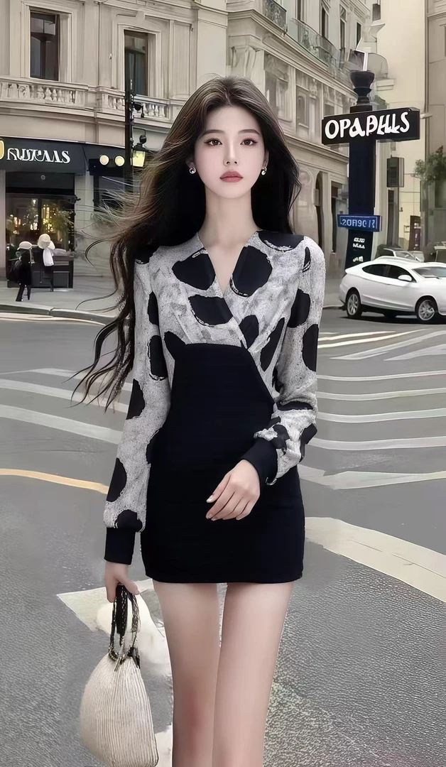 秋季时尚轻奢千金风黑色V领长袖收腰包臀设计感气质波点连衣裙女