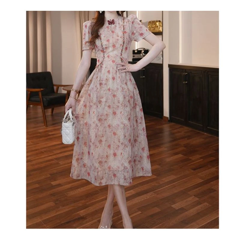 新款气质复古优雅碎花收腰捏褶显瘦大摆连衣裙21778