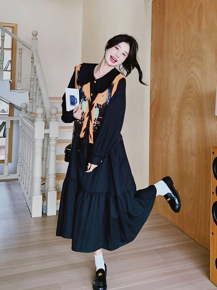 法式木耳边拼接长袖连衣裙套装女秋季2025新款针织开衫马甲两件套