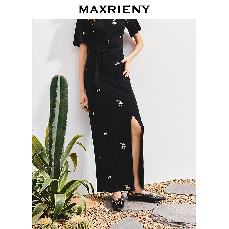 【早鸟提前购】MAXRIENY25年新款优雅感开叉半身裙扭结高腰包臀裙