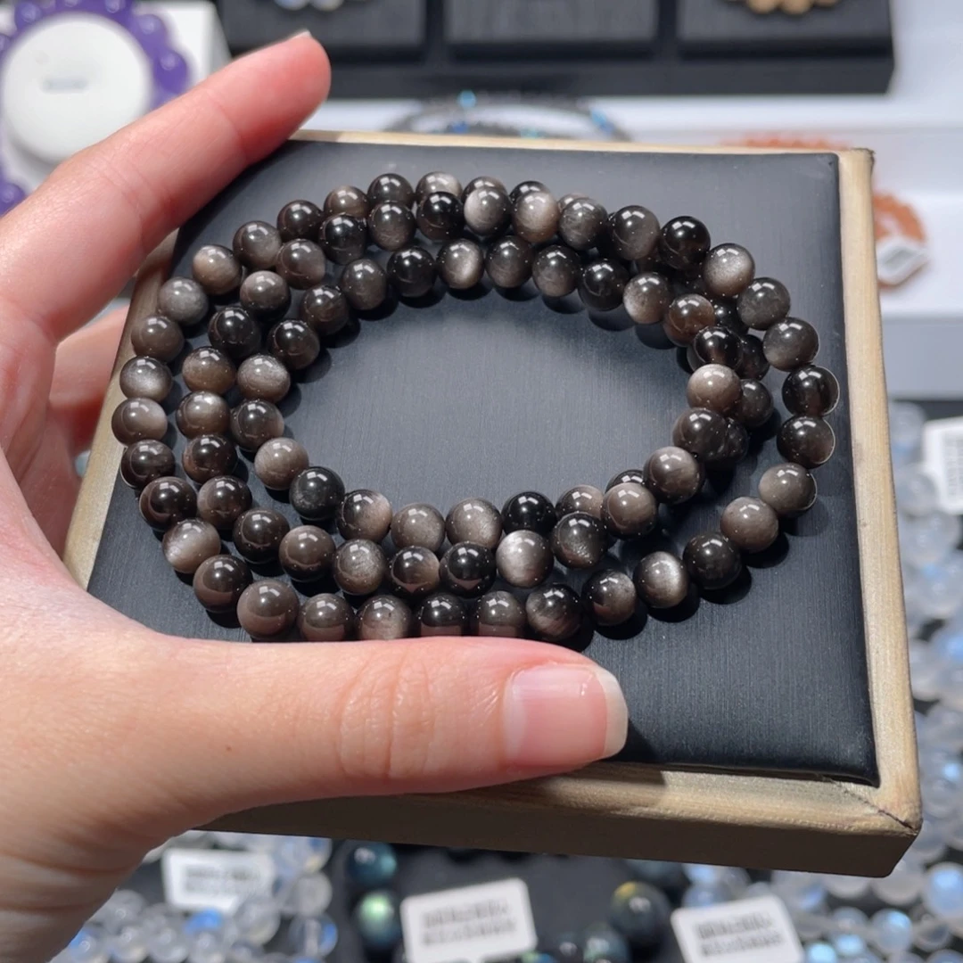 黑曜岩未镶嵌手链多圈银曜石6m+