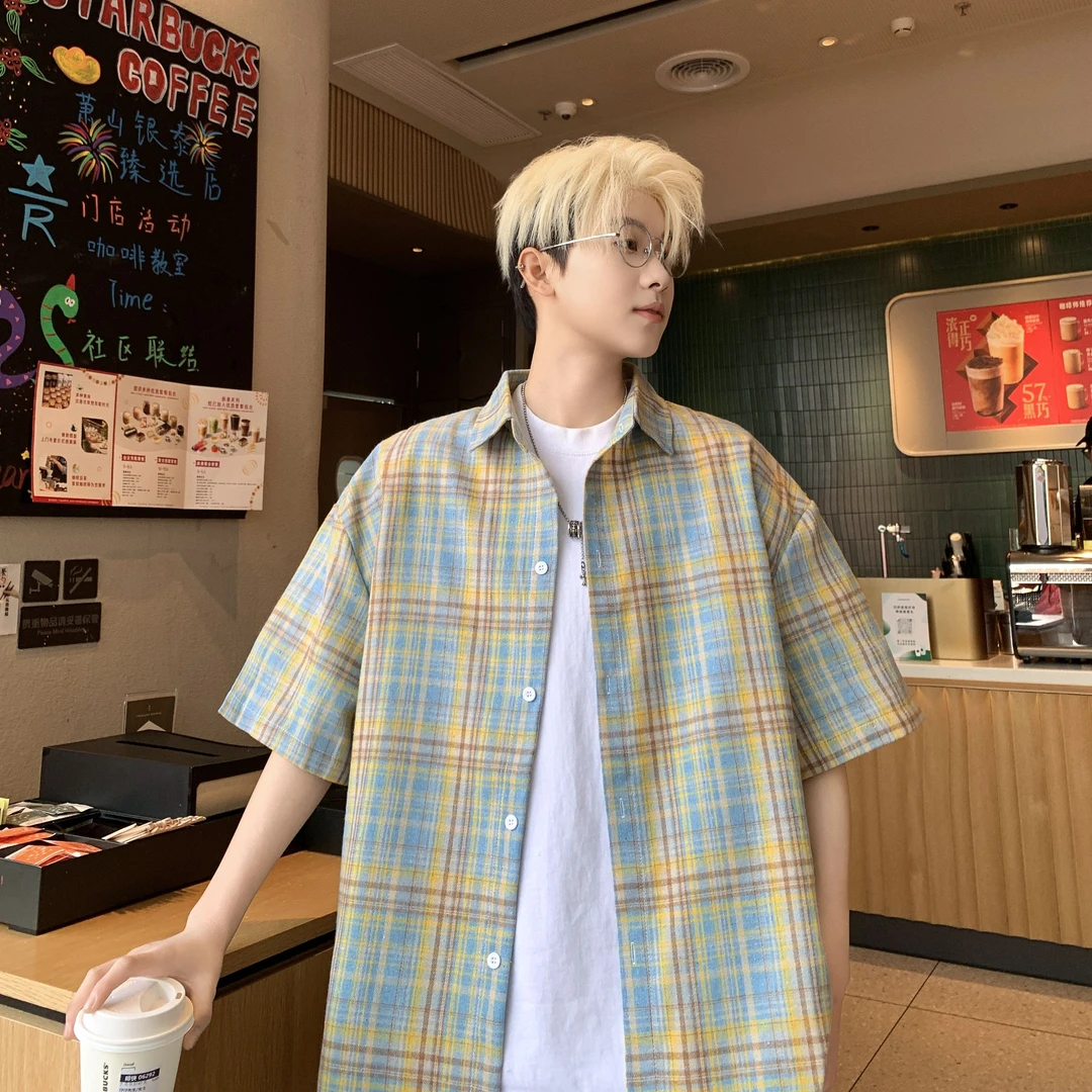 新款格子衬衫短袖男士春夏美式百搭撞色外套休闲百上衣青少年重磅