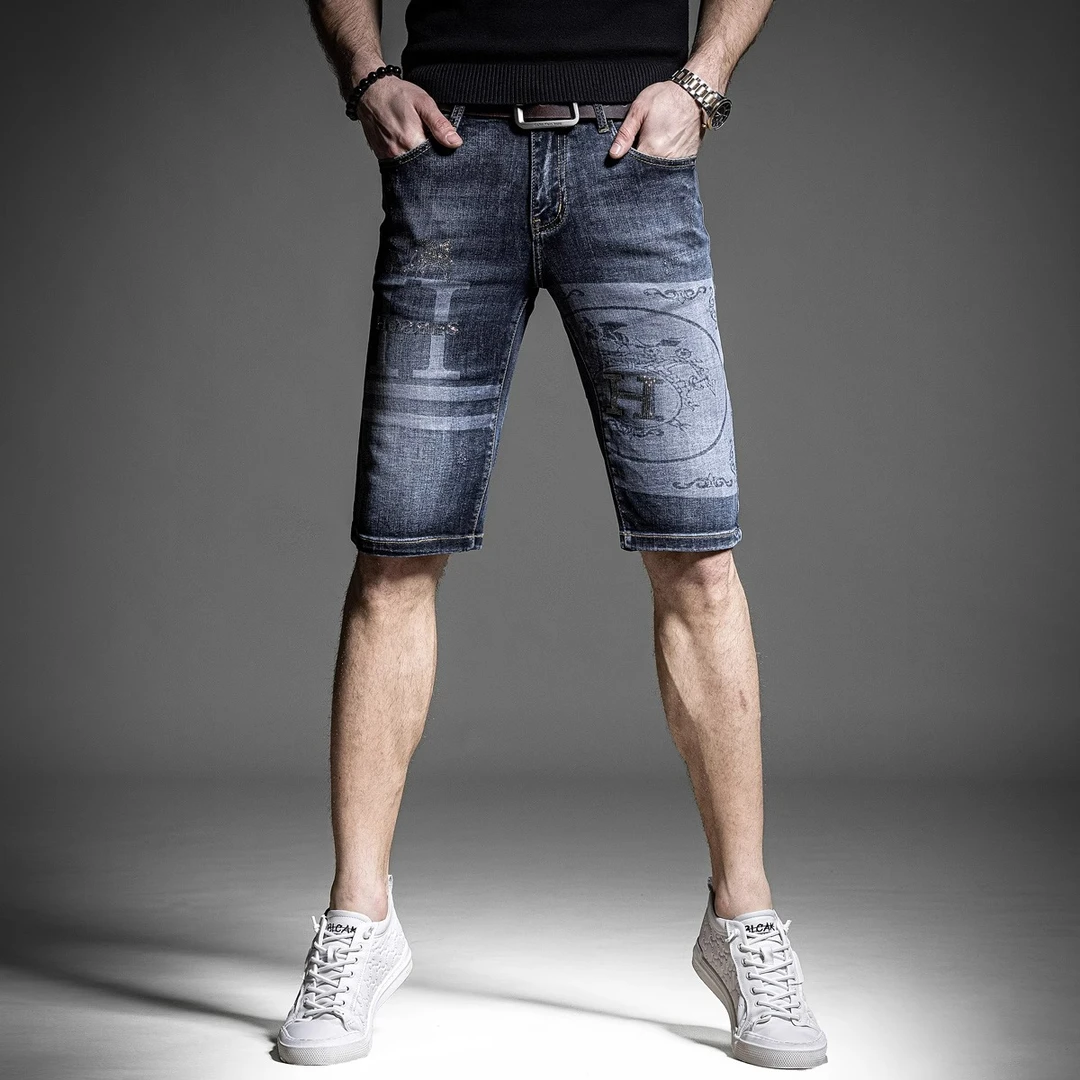 符腾野堡马夏季高端设计烫钻牛仔短裤男士潮牌欧美修身弹力五分裤