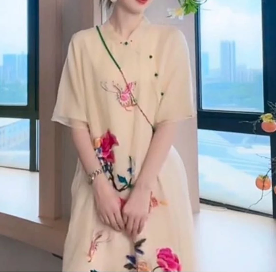 重工款新中式气质国风牡丹刺绣国风连衣裙15526-小清
