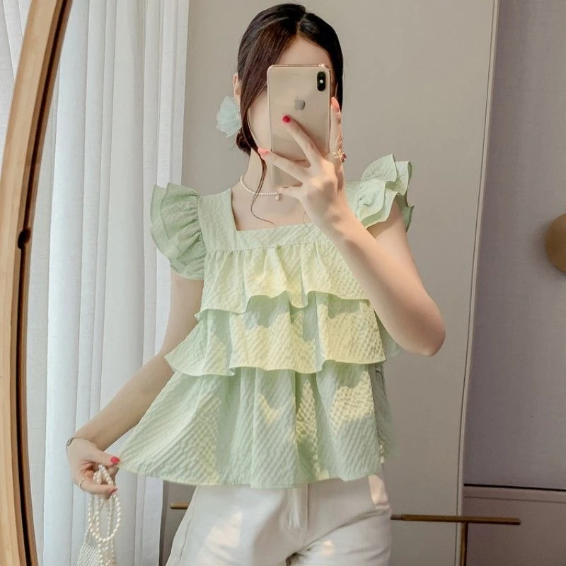薄荷绿荷叶边小飞袖雪纺上衣女装夏款洋气减龄肌理感蓬蓬短款衬衫