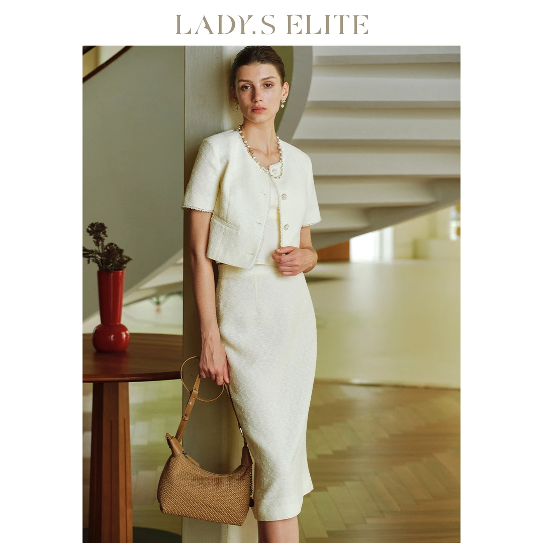 LadySElite花纱白香风上衣包臀裙套装女2025夏季新款优雅时尚气质