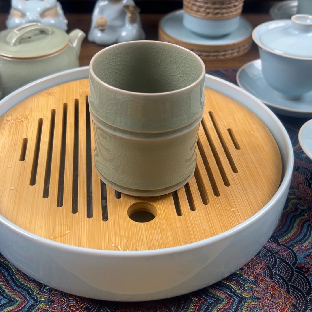 杯子瓷豆绿釉釉水竹节杯