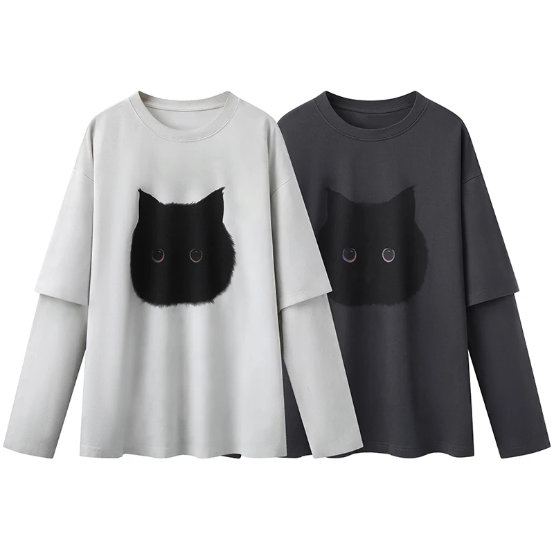 【一只猫】新品轻奢风设计圆领卡通印花百搭宽松显瘦长袖T恤女X2768