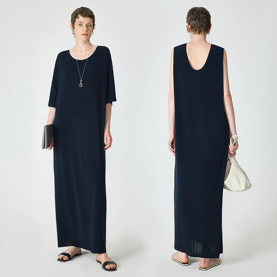 KEIGAN/开间轻盈O压莱赛尔真丝弹力罗纹极简纸片人遛弯连衣裙套装