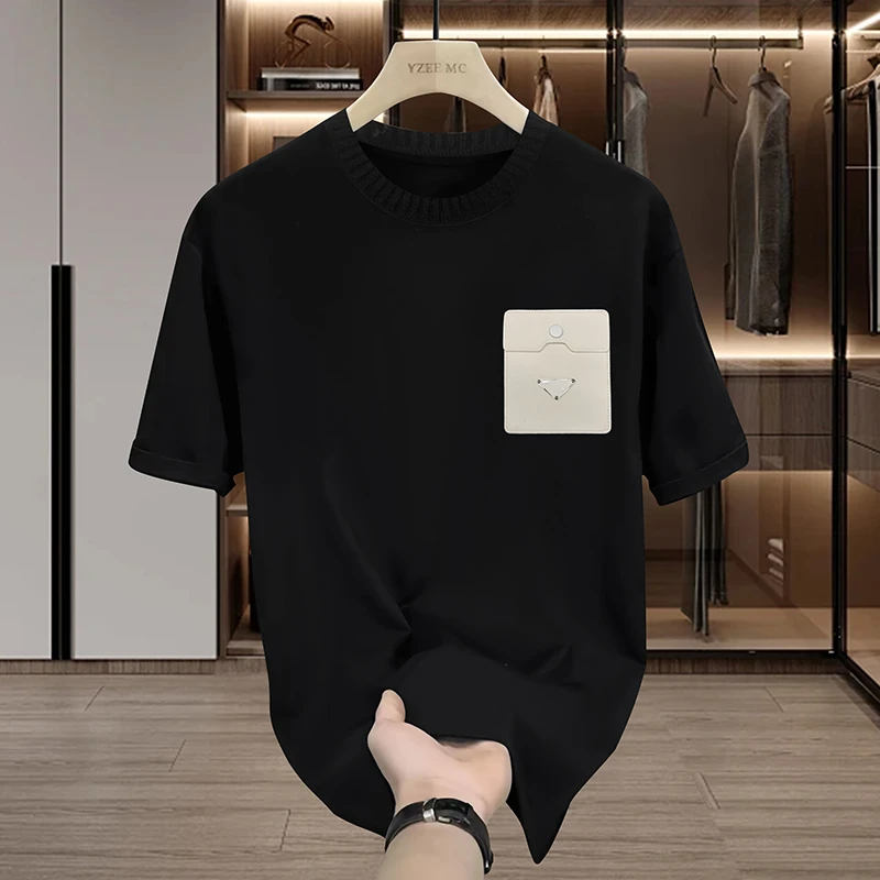 【轻奢男装-皮口袋 】T2067 夏季新款时尚轻奢皮革口袋金属百搭短袖