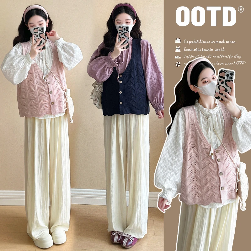 2025春季法式绣花孕妇衬衫泡泡袖针织马甲甜美减龄孕妇裤三件套装