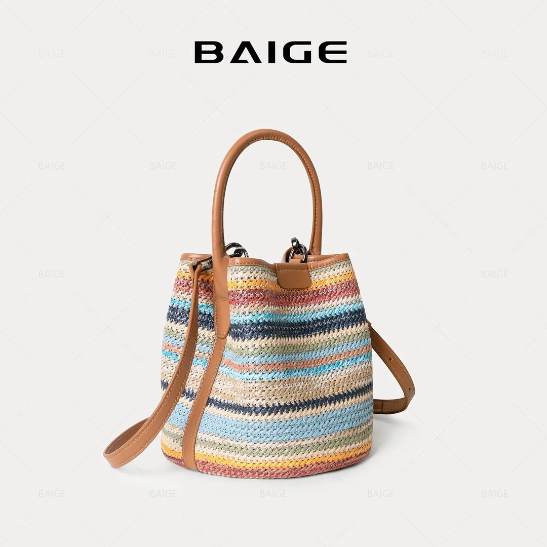 2025新款拼色包包女羊皮多巴胺彩虹沙滩时尚单肩斜挎水桶包9316