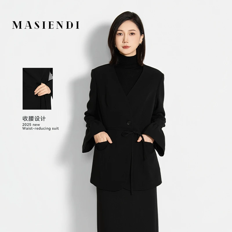 玛丝恩迪新款大V领系带花瓣袖气质百搭女士西服430666西装秋冬
