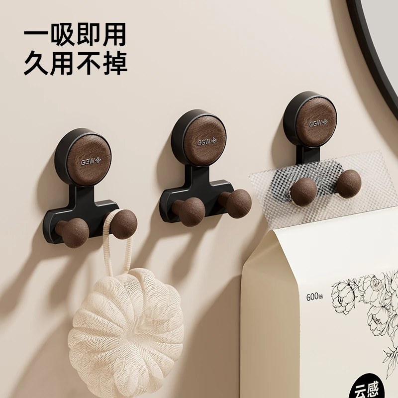 橱明星吸盘双排挂钩家用多功能木纹粘钩浴室玄关免打孔无痕收纳架