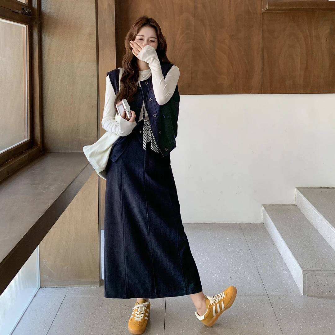 韩系出游入秋一整套女装高级感清冷系衣服牛仔马甲半身裙两件套潮