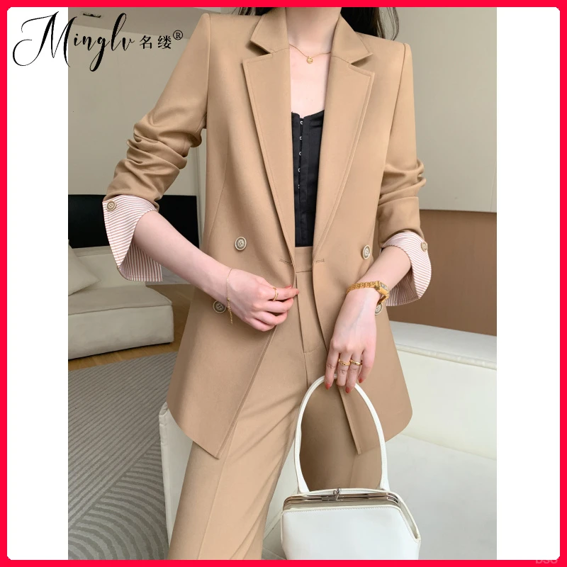 韩版高级感休闲风西服套装女2025新款秋季上班服卡其色小西装外套