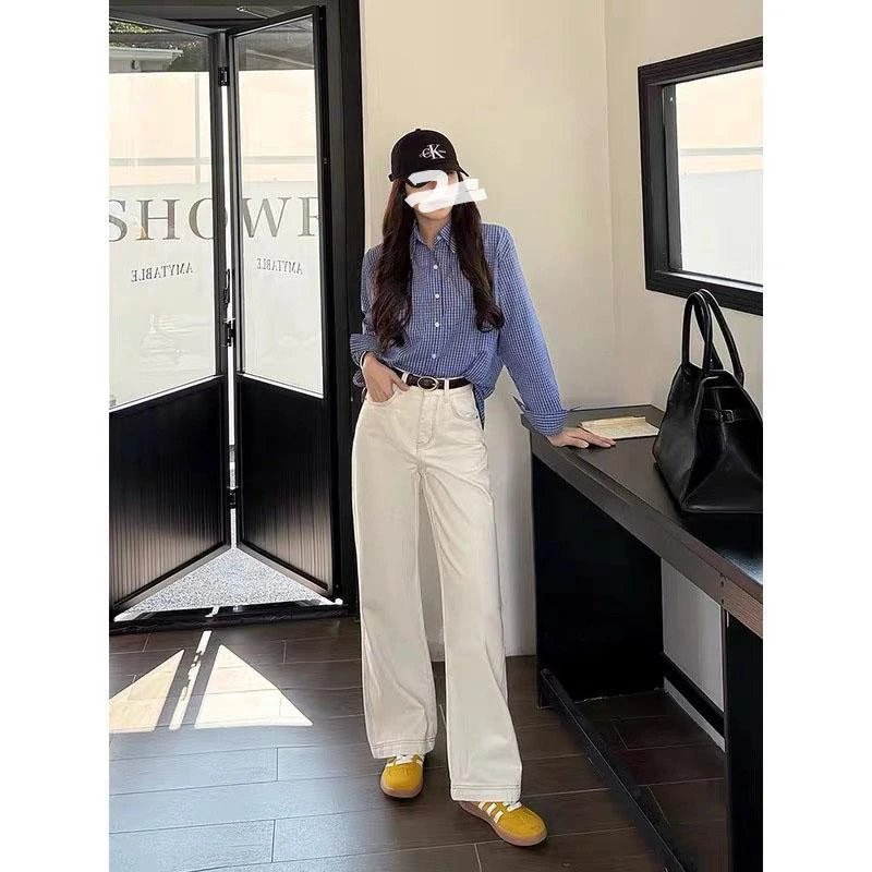 米杏色牛仔裤高腰休闲宽松复古时尚春游显腿长阔腿裤春游出行衣服