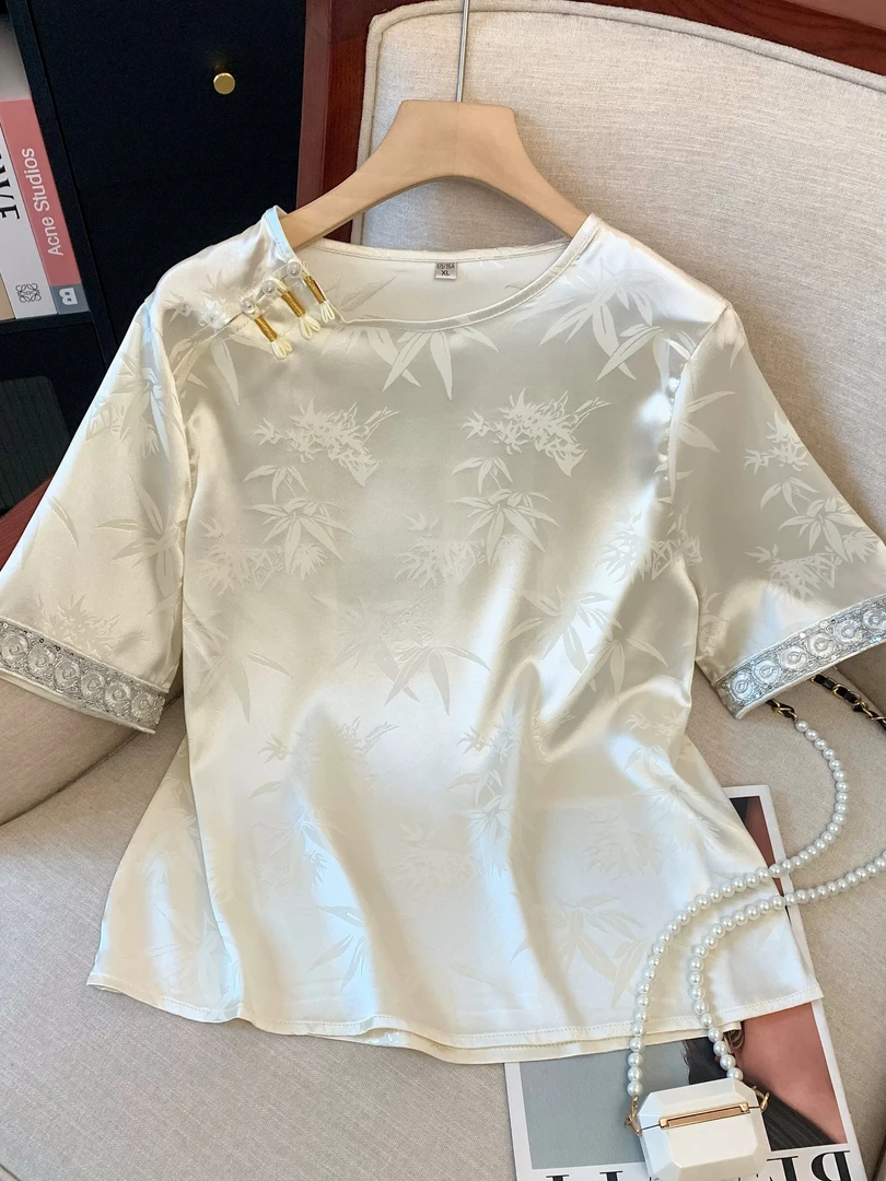 新中式国风上衣复古刺绣提花短袖日常百搭改良衬衫宽松夏季衬衣女