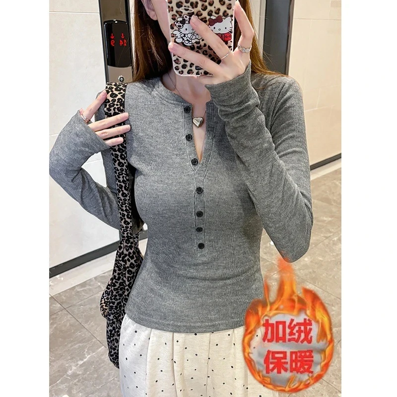 【娃娃专属】秋冬内搭加绒打底衫女辣妹心机半开领长袖T恤上衣F1055