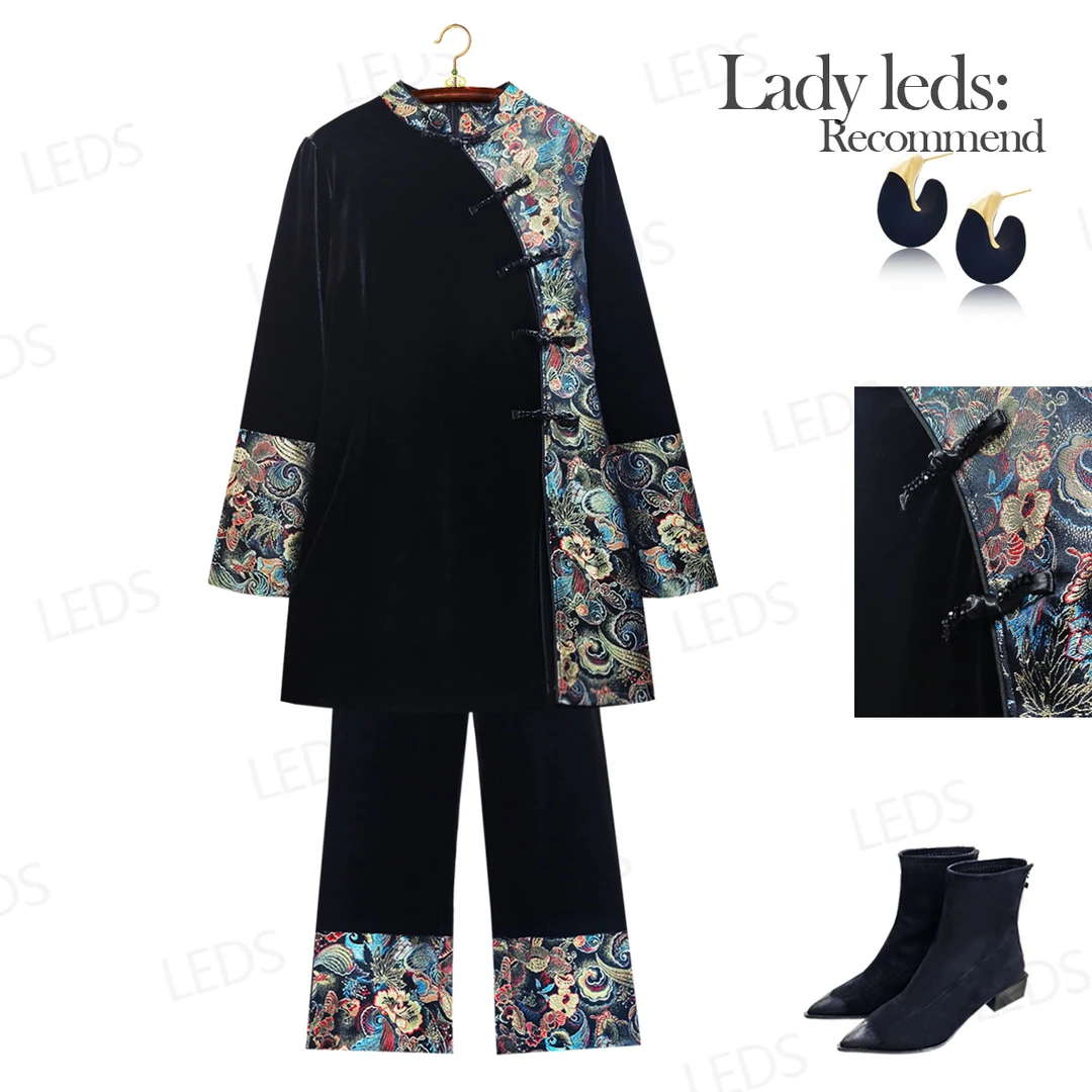 LEDS S546冬季新款中式绣花图腾盘扣显瘦套装