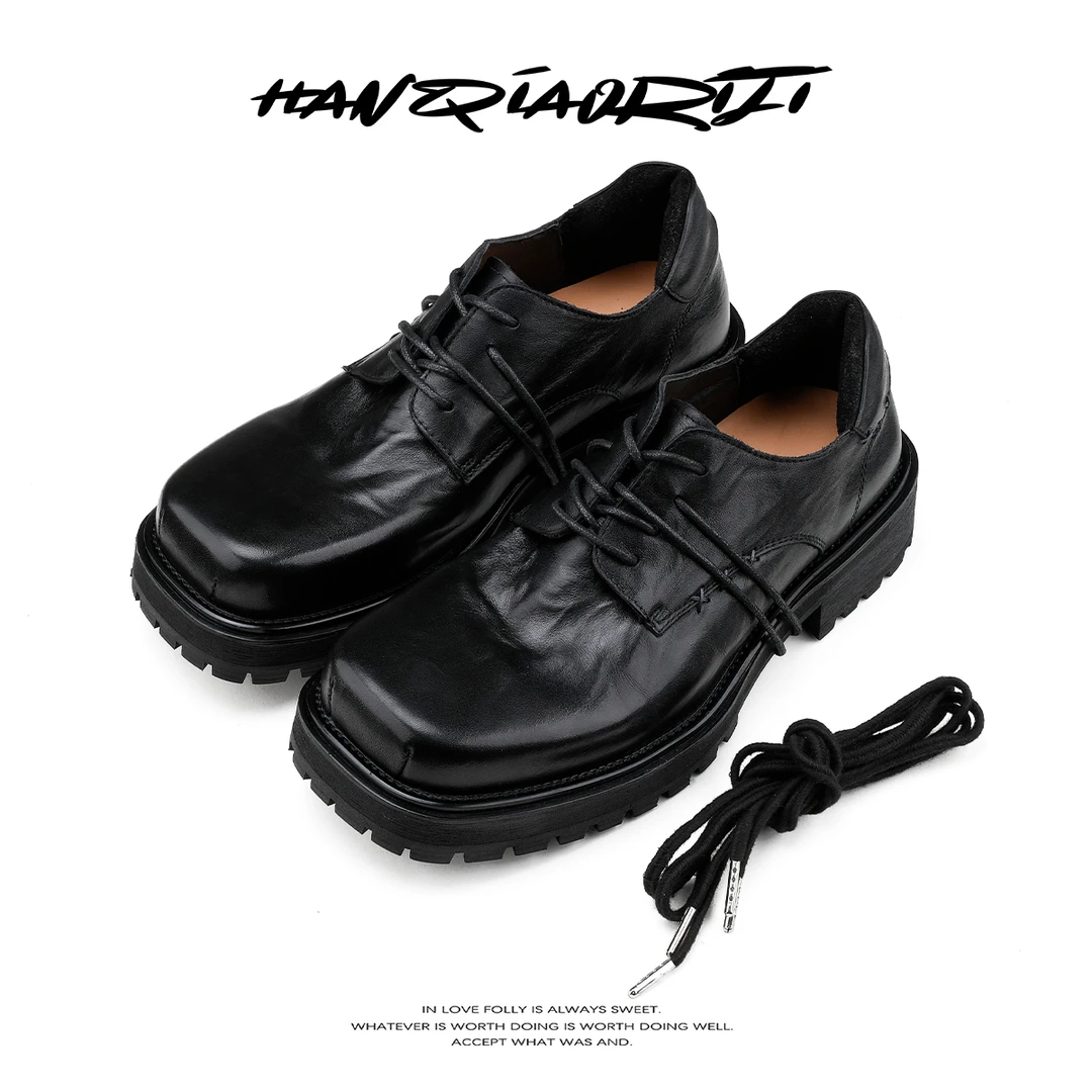 韩桥日记[黑血系列]水洗牛皮方头德比鞋厚底增高黑色休闲皮鞋男女