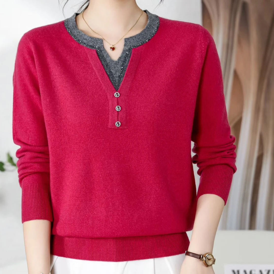 新款时尚洋气百搭双色V领烫钻羊毛衫53025