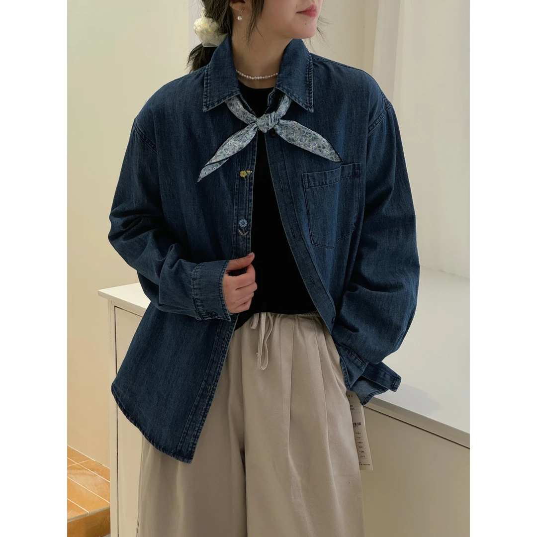 zhukele  门襟小花牛仔衬衫 休闲百搭长袖