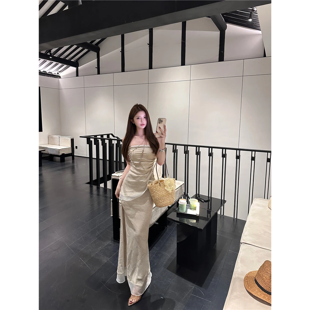 法式松弛感不规则收腰抹胸上衣套装女高腰百搭斜裁鱼尾半裙两件套