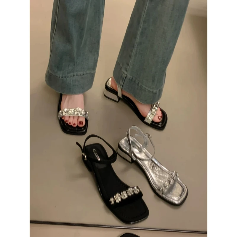 仙女风小众高跟一字扣带凉鞋女配裙子2025夏季水钻露趾粗跟罗马鞋