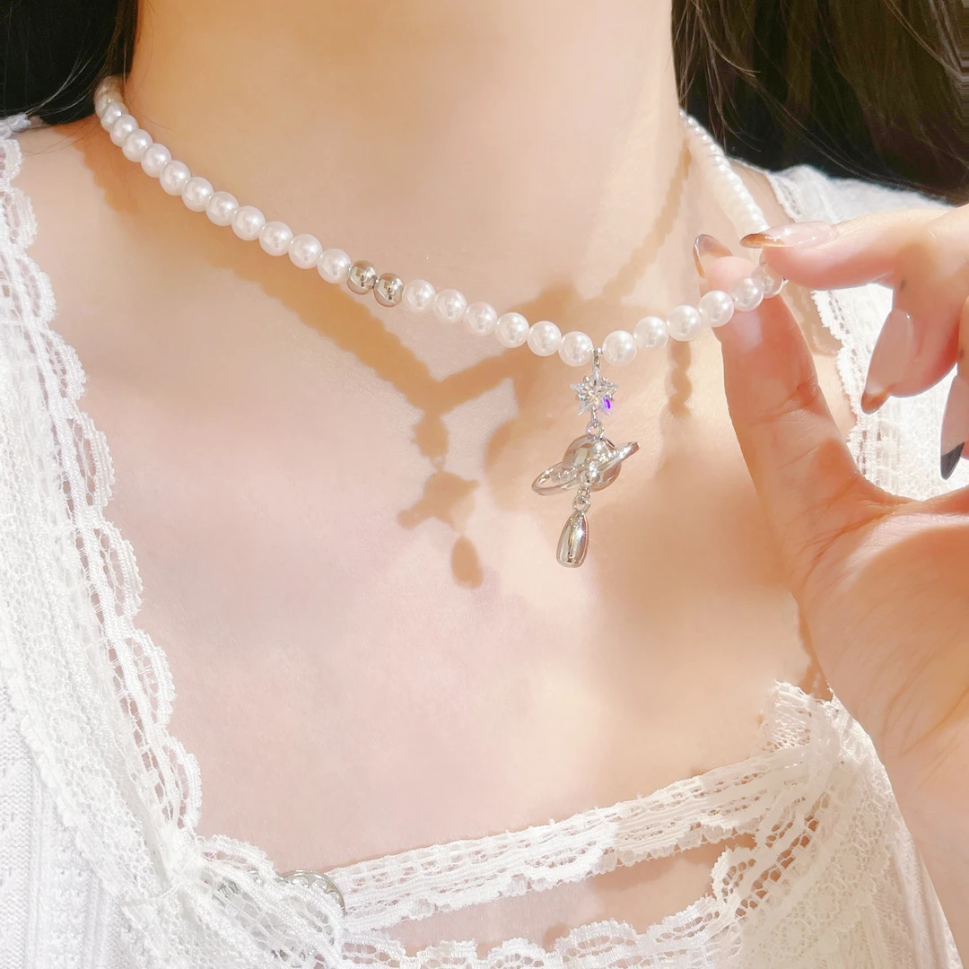 铜仿珍珠项链 仿珍珠星球项链小众星星水滴吊坠闪耀锆石锁骨链