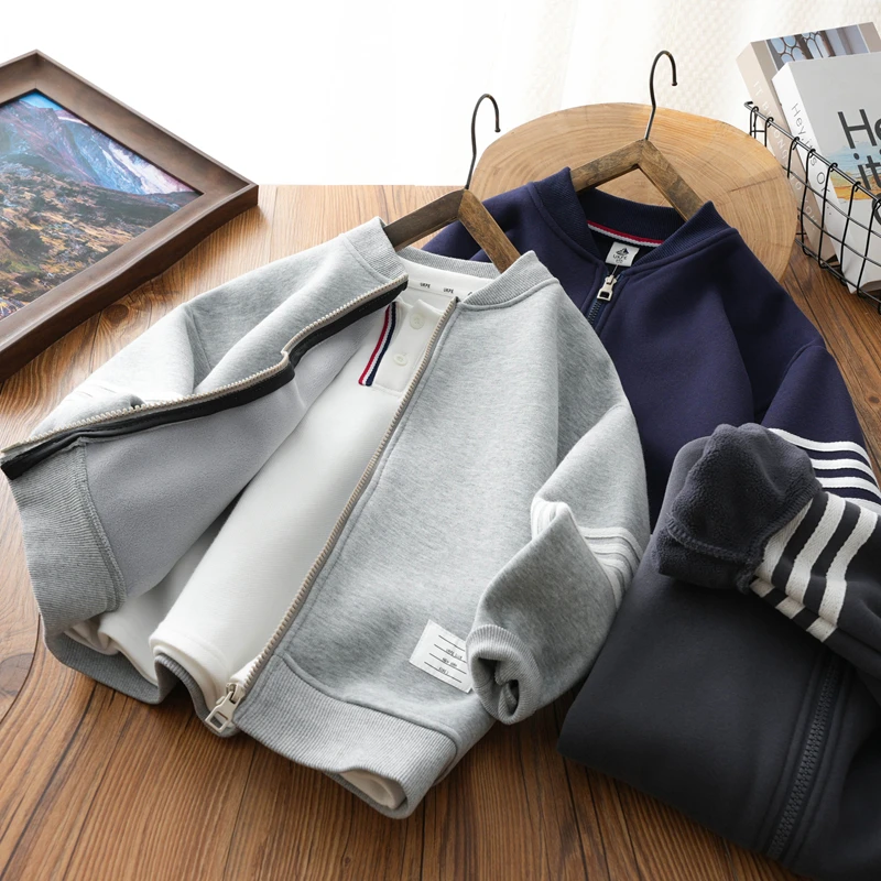 男童薄绒外套春秋装新款2025加厚中大童棒球服开衫儿童一体绒上衣