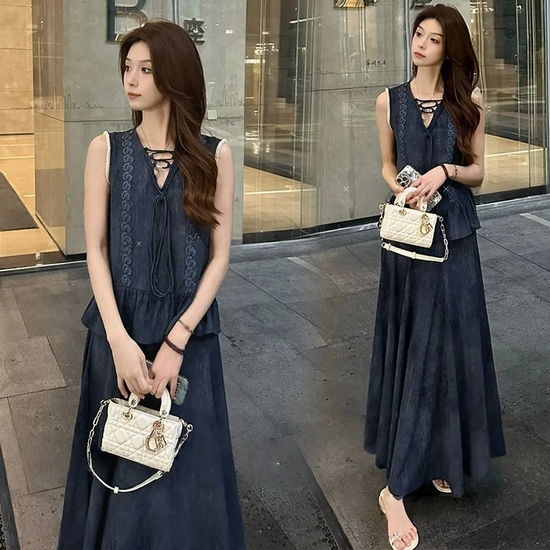 时尚连衣裙套装女2025夏季新款洋气显瘦无袖上衣高腰半身裙两件套