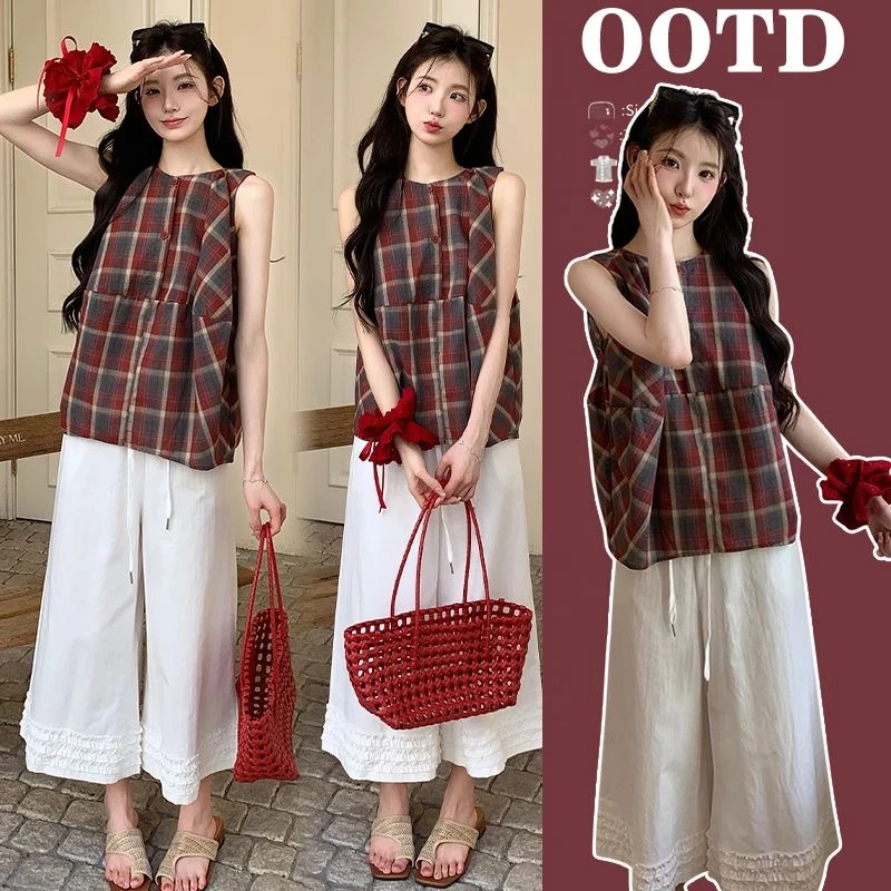 时髦孕妇套装夏装新款时尚洋气小个子无袖格子衬衣休闲花边阔腿裤