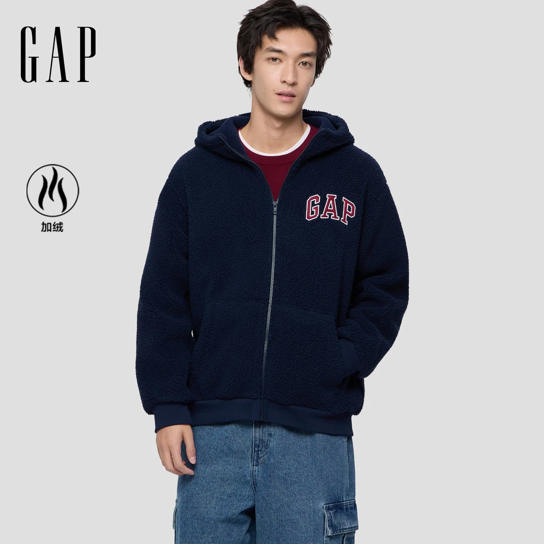 【成毅代言】Gap男女装2025秋新款logo刺绣仿羊羔绒连帽卫衣786507