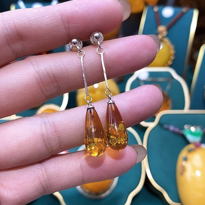 琥珀（花珀）耳饰银S925镶嵌